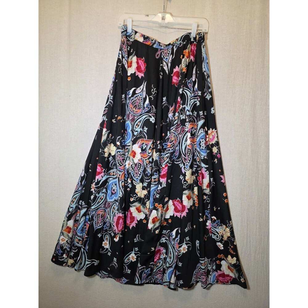 Cupio Womens L Black Multicolored Floral Paisley Circle Maxi Skirt Elastic Waist
